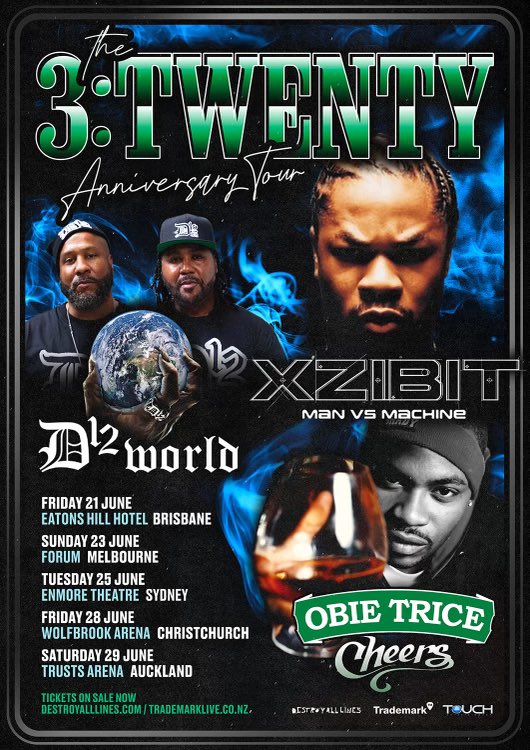 🇦🇺 Australia & New Zealand 🇦🇺 The 3:Twenty Tour is coming this June. Celebrating 3 x Twenty Year album anniversaries!  Xzibit: Man V’s Machine D12: D12 World Obie Trice: Cheers   Sign up to get first dibs on presale tickets: daltours.cc/3TwentyTour (daltours.cc/3TwentyTour)