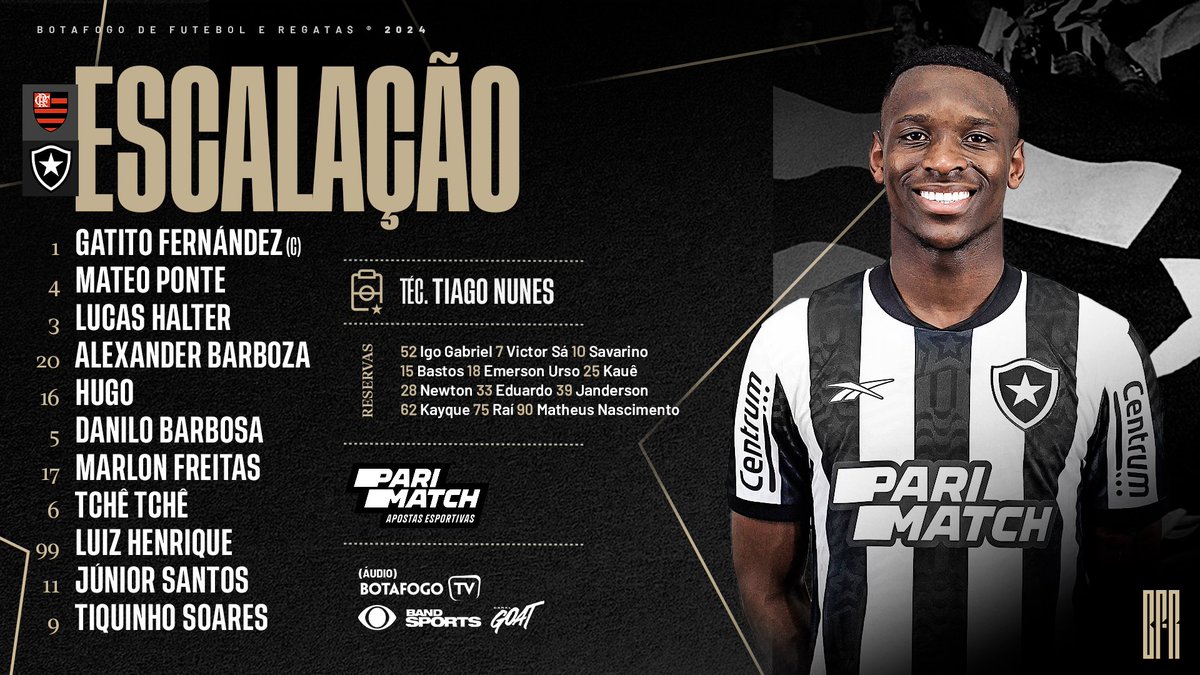 Botafogo's tweet photo. Botafogo escalado para o primeiro clássico da temporada. PRA CIMA! 🔥⚽️ #VamosBOTAFOGO 

Apresentado por @ParimatchBrazil https://t.co/UviJE469DV