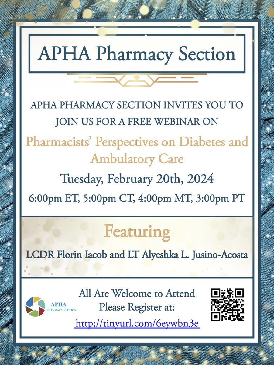 AphaPharmacy's tweet photo. Hello,

Please join us for another free webinar with APHA-Pharmacy on diabetes and ambulatory care. on 2/20/24. See you soon! #DiabetesAwareness
#PreventDiabetes
#DiabetesManagement
#Type1Diabetes
#Type2Diabetes
#DiabetesSupport
#PublicHealth 
#pharmacy https://t.co/kelIVdNFFe