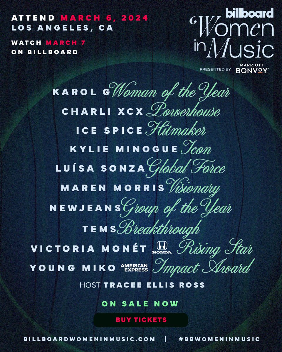 .<a href="/karolg/">LABICHOTA</a> will receive the WOMAN OF THE YEAR award and perform at #BBWomenInMusic on March 6 in Los Angeles 🏆

Get tickets now: blbrd.cm/H668q4l

Unable to attend March 6? Watch Billboard Women in Music on March 7 at BillboardWomenInMusic.com