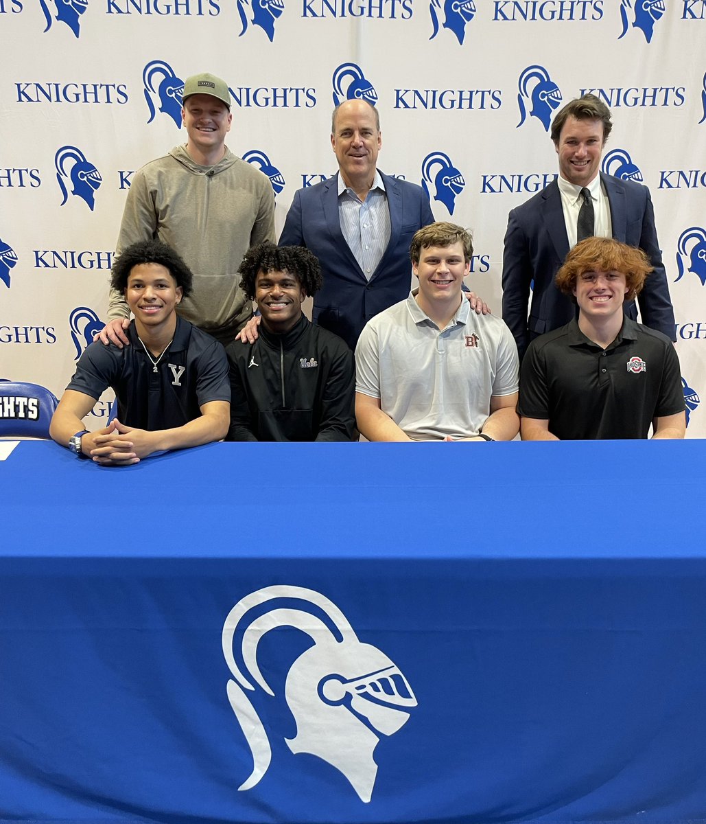 Special Singing Day!! L-R @BreylanT2 (Yale), @KarsonGordon24 (UCLA), @bwheless5 (Brown), @evans_morrow (Ohio St) Congratulations Guys!!!! #KnightsStandOut #SPCCHAMPIONS @EHSSports @CoachMoynahan @CoachDanCasey