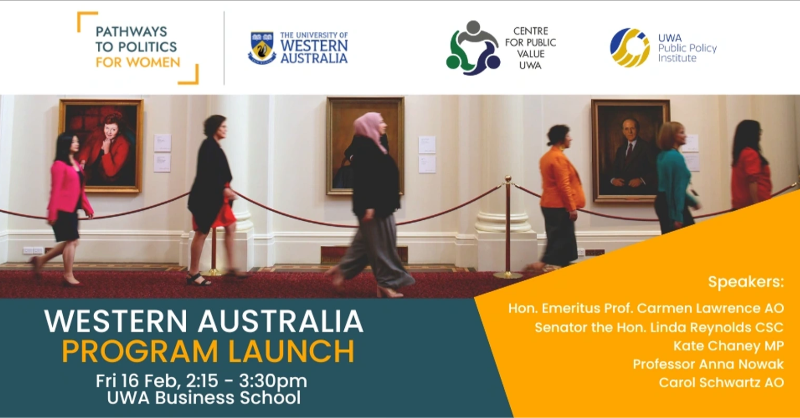 LAUNCH/PANEL: Pathways to Politics for Women UWA

Fri 16 Feb 2.30pm, UWA Business School
👉tinyurl.com/y5vurtnm

Join us at the launch where an expert panel will provide valuable perspectives on the challenges and opportunities for women in politics.

#uwaresearchimpactseries