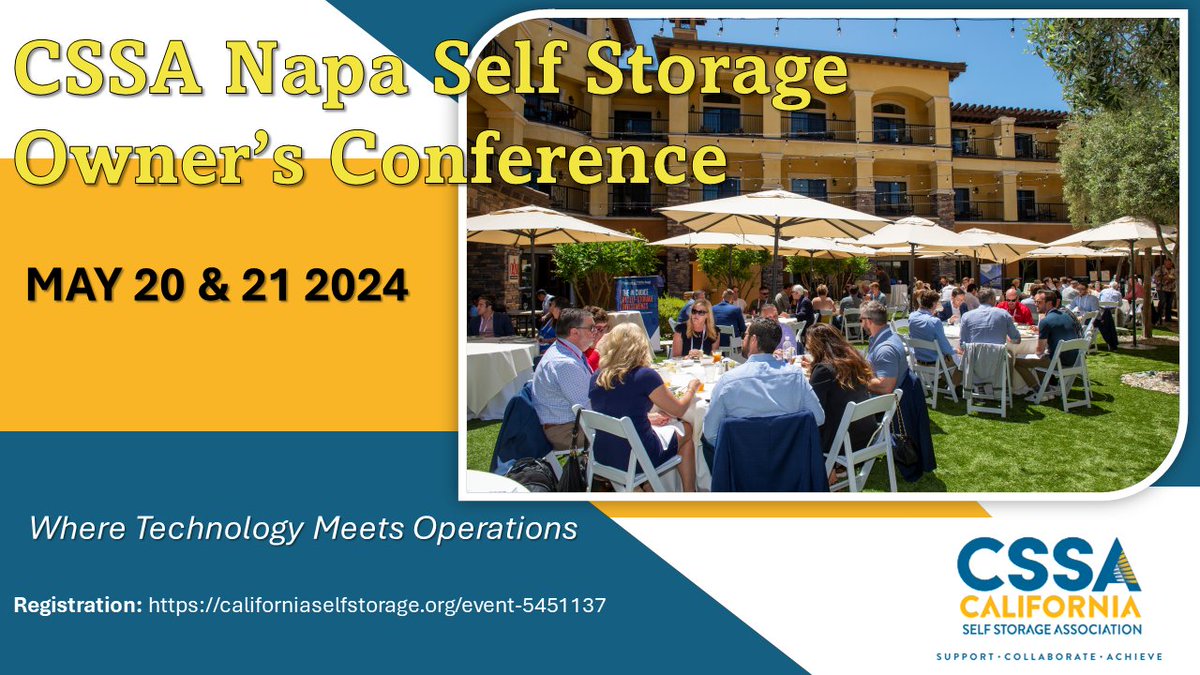 CA_SSA's tweet photo. Register today to attend the CSSA Napa Self Storage Owner's Conference! Come learn Where Technology Meets Operations!
May 20-21 at the The Meritage Resort and Spa and Grand Reserve at the Meritage in Napa Valley!
Register today: https://t.co/u0vdF6gqkE https://t.co/ToLQ3kehgu