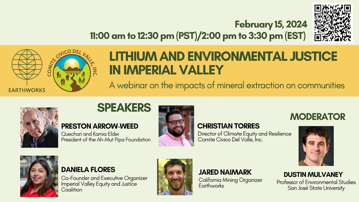 Lithium and Environmental Justice in Imperial Valley, February 15, 2024  | 11:00am - 12:30 pm PST Register: bit.ly/3TZWUPk #LithiumValley #SaltonSea #JustTransition