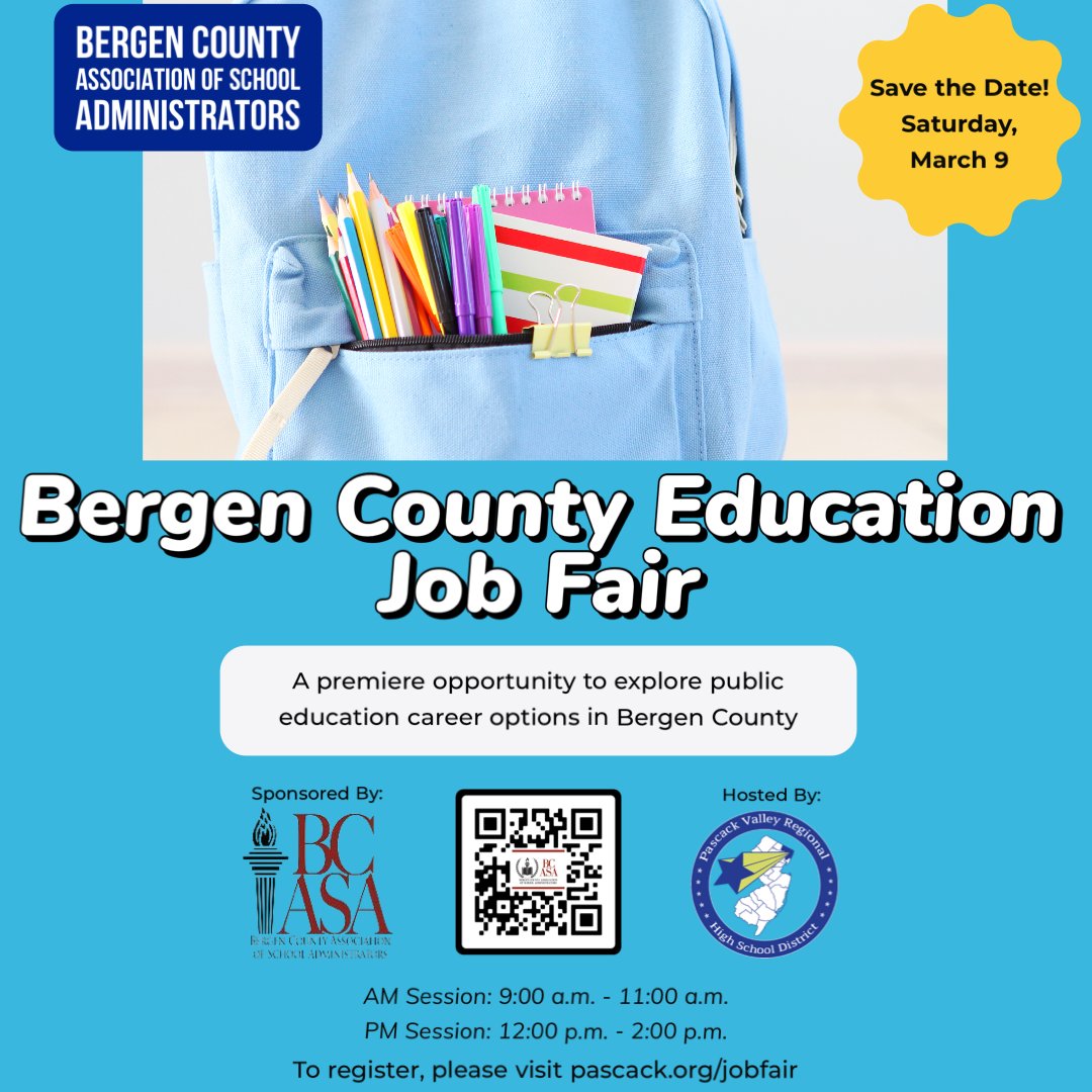 Aspiring Teacher? Current educator exploring new opportunities? If so, come to the Bergen County Education Job Fair! Please see the flyer for details &amp; visit pascack.org/jobfair to register today. <a href="/BCASAJobFair/">bcasajobfair</a>