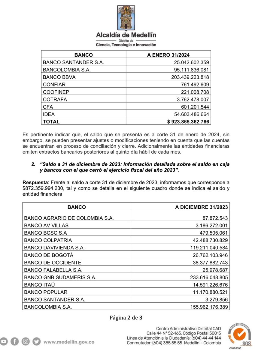 QuinteroCalle's tweet photo. Este derecho de petición con copia a la Procuraduría obligó a Fico a confesar que le entregamos la Alcaldía con 872 mil millones en caja y no en déficit como mintió en los medios. Ahora soy yo el que pregunta: Fico, ¿Dónde está la plata? https://t.co/FvYszvnoJm