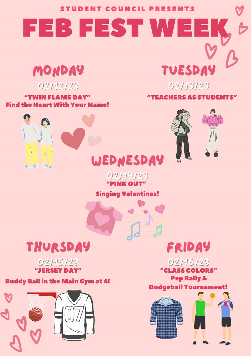 StuCo is very excited for next week’s Feb Fest! Get ready for a Dress-Up Days, Singing Valentines, Buddy Basketball, a Pep Rally, The Dodgeball Tournament and other surprises! ❤️🤍🩷