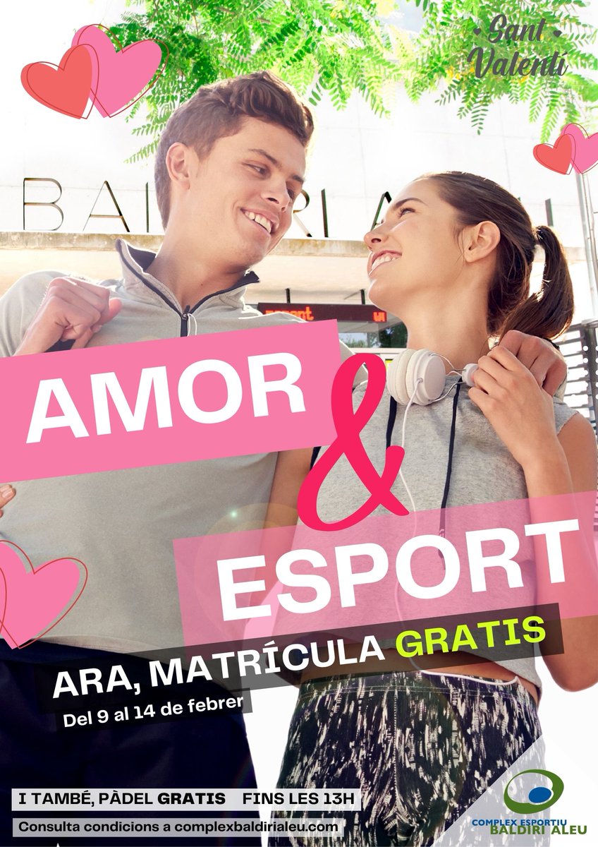 💙💚 Enamora't de l'esport! 💙💚

📢📢 Superoferta Sant Valentí 📢📢 

👏👏 Matrícula GRATIS 👏👏 

⏰⏰ Oferta exprés! Només del 9 al 14 de febrer ⏰⏰ 

#esportSantBoi #FitnessSantBoi #SPA #fitness #padel #pistaspadel #santboidellobregat #santboi #beneficisesport #gym #natacio