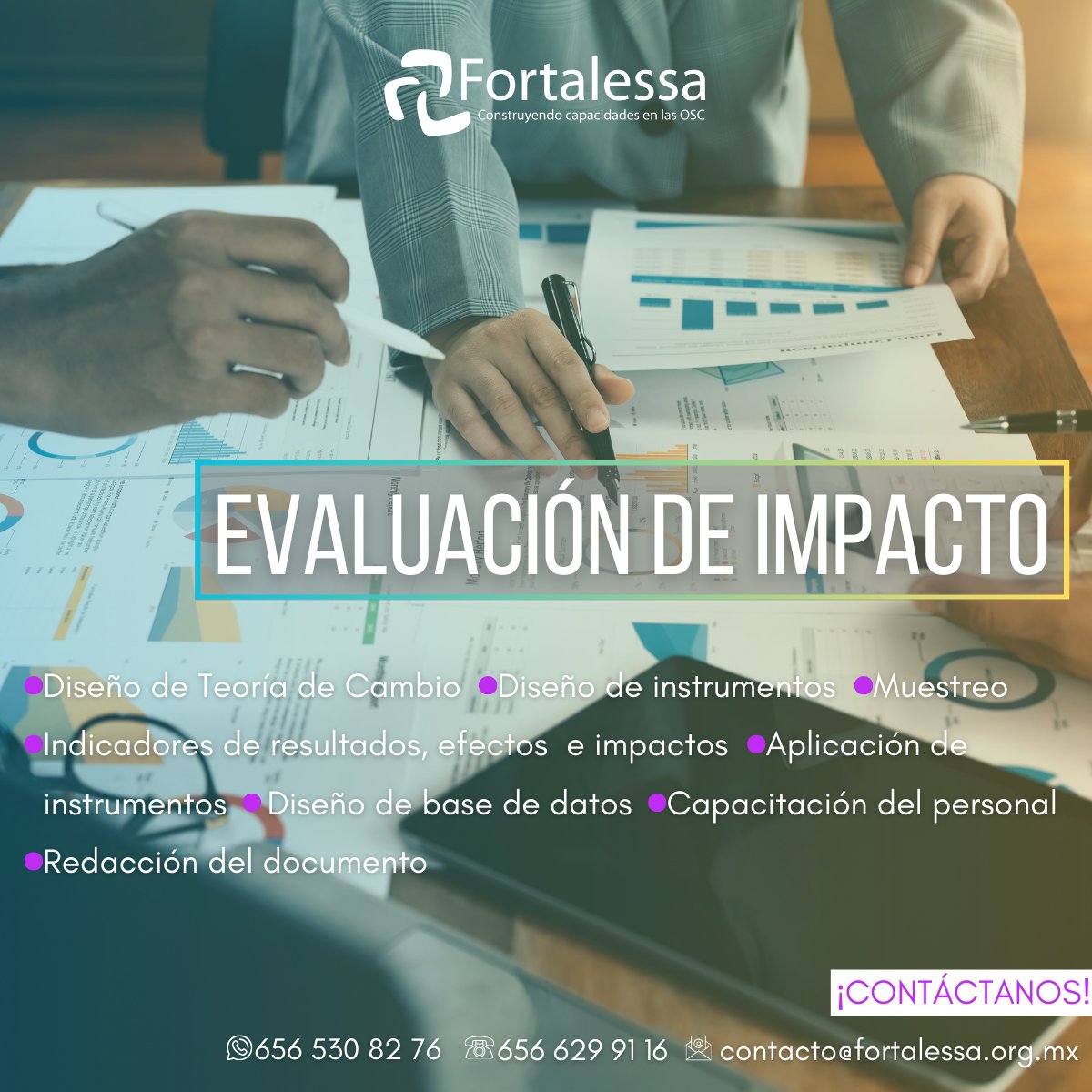 FortalessaOSC's tweet photo. ¿Necesitas una Evaluación de Impacto para tus programas?
¡Nosotros te ayudamos!
Contamos con amplia experiencia realizando Evaluaciones de Impacto con distintas organizaciones.
¡Contáctanos! https://t.co/przqhkKYoO