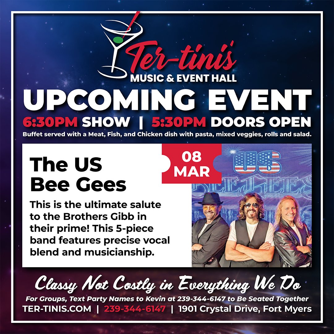 🎸 COMING THIS MARCH 🎸

·3/1: Elvis, Cash, and Country Legends Tribute
·3/3: Billy Joel and Elton John Tribute
·3/8: The US Bee Gees

Check out our Upcoming Events on our website at: ter-tinis.com/events/
