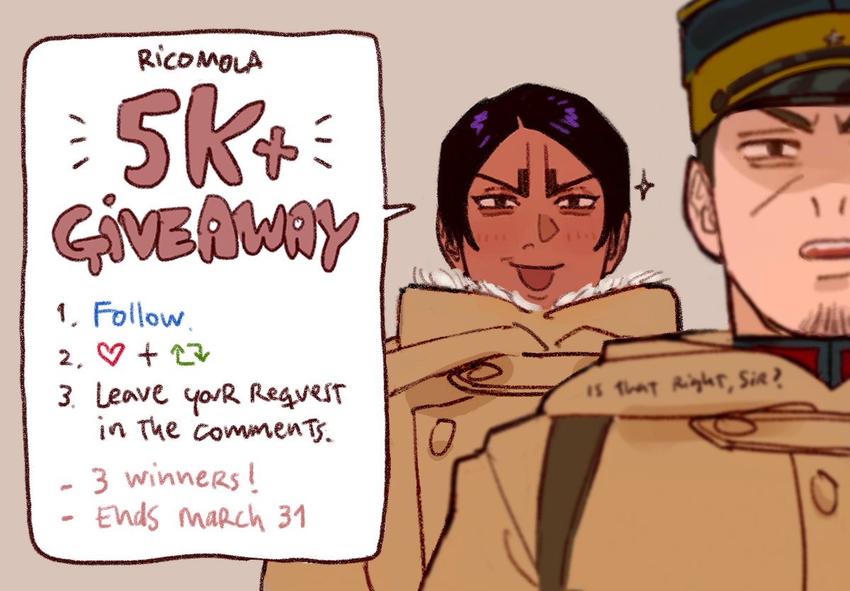 ✨5K+ ART GIVEAWAY✨
TO ENTER:
1. Follow
2. Like and RT this
3. Leave your request in the comments
(Fanart, fancharacters and OCs)

🏆2 WINNERS (+1 for ko-fi supporters)
🗓️Ends: March 31
Thanks for your support!🙇‍♀️ Good luck!🍀