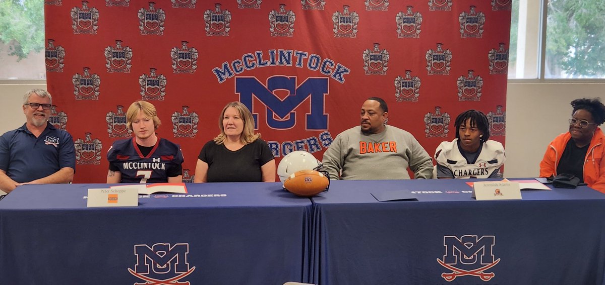 McClintock_FB's tweet photo. Congratulations to Peter Shoppe  (Ottawa University) &amp; Jeremiah Adams (Baker University) for signing their Letter of Intent to further their education and play college football.
McClintock Football is proud of you,
Go Chargers! https://t.co/m6QiiA5jhw