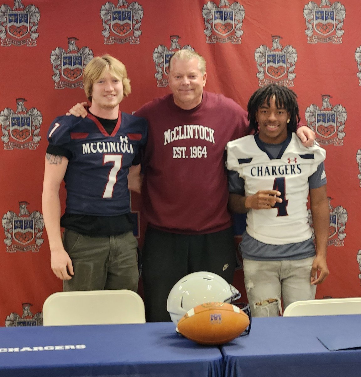 McClintock_FB's tweet photo. Congratulations to Peter Shoppe  (Ottawa University) &amp; Jeremiah Adams (Baker University) for signing their Letter of Intent to further their education and play college football.
McClintock Football is proud of you,
Go Chargers! https://t.co/m6QiiA5jhw