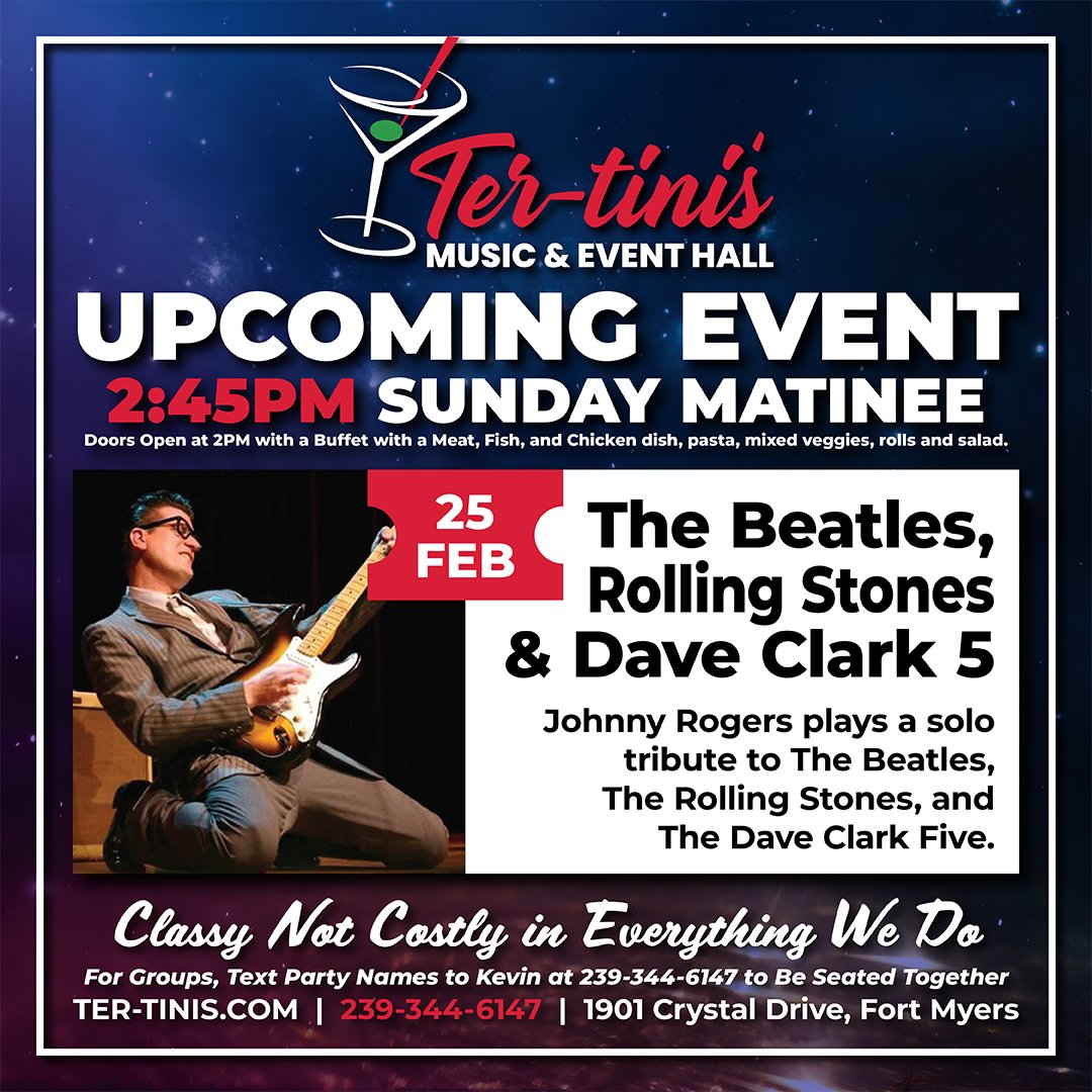 🎶 'Can't Buy Me Love' but you can buy tickets to the ultimate #Beatles and #RollingStones #tributeshow by Johnny Rogers at Ter-Tini’s February 25th! 

Ticket Link:
ter-tinisevents.yapsody.com/event/index/79…