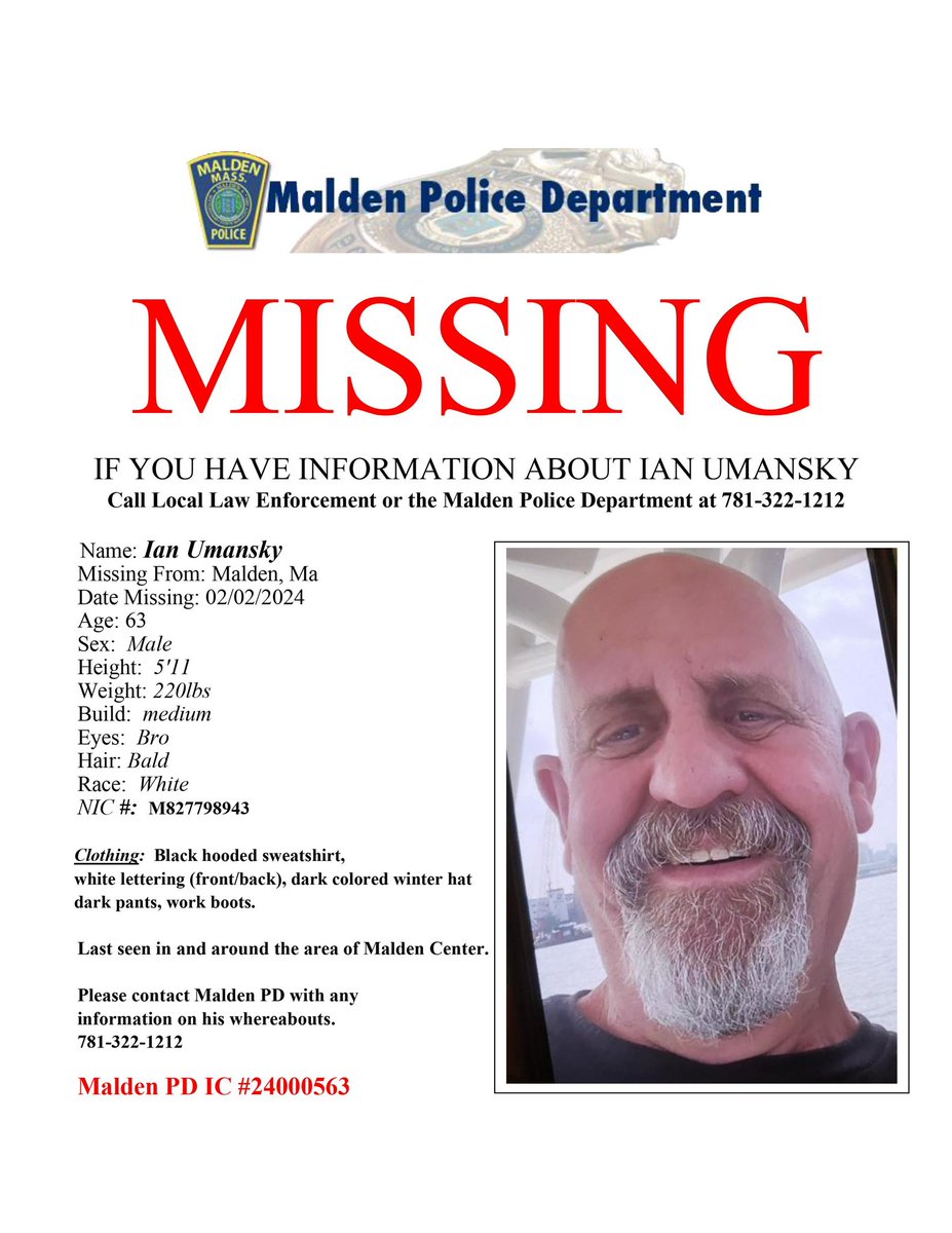 🚨 Have you seen me ? 🚨 We are seeking information regarding the whereabouts of Ian Umansky, last seen on Friday, February 2nd, 2024 near Malden Center. Please contact our office at 781-322-1212 (Incident # 24000563) with any relevant details.