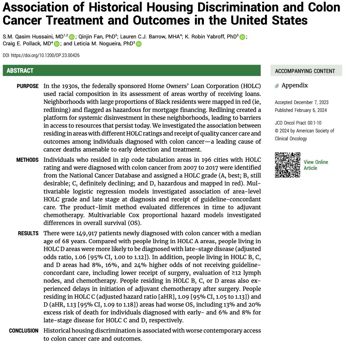 Qasim Hussaini, MD (@qasimhussainimd) on Twitter photo Out now in <a href="/JCOOP_ASCO/">JCO Oncology Practice</a>, our findings reveal the remarkable enduring impact of government-sanctioned historical housing discrimination (redlining) in the 1930s on modern-day colon cancer outcomes
ascopubs.org/doi/10.1200/OP…
CC <a href="/Qinjin_0504/">Qinjin Fan</a> <a href="/DrRobinYabroff/">Robin Yabroff</a> <a href="/cepollack/">Craig Pollack</a> <a href="/DrNogueiraL/">Letícia Nogueira</a> Out now in <a href="/JCOOP_ASCO/">JCO Oncology Practice</a>, our findings reveal the remarkable enduring impact of government-sanctioned historical housing discrimination (redlining) in the 1930s on modern-day colon cancer outcomes
ascopubs.org/doi/10.1200/OP…
CC <a href="/Qinjin_0504/">Qinjin Fan</a> <a href="/DrRobinYabroff/">Robin Yabroff</a> <a href="/cepollack/">Craig Pollack</a> <a href="/DrNogueiraL/">Letícia Nogueira</a>