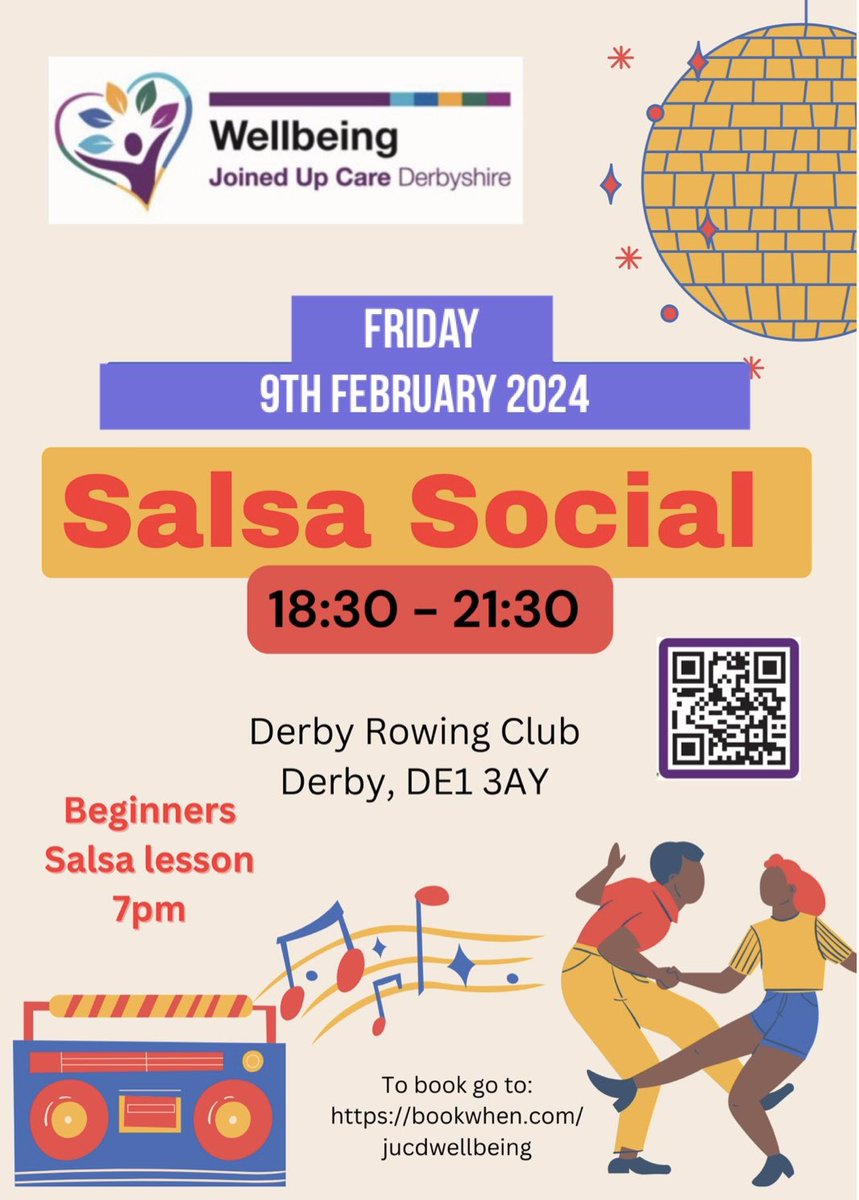 This Friday! Salsa Social! 💃 A great way to meet new people, learn something new &amp; boost your mood and general wellbeing! For more info &amp; to book: bookwhen.com/jucdwellbeing/… <a href="/UHDBTrust/">University Hospitals of Derby and Burton NHS FT</a> <a href="/derbyshcft/">Derbyshire Healthcare 💙</a> <a href="/DCHStrust/">Derbyshire Community Health Services NHS FT</a>