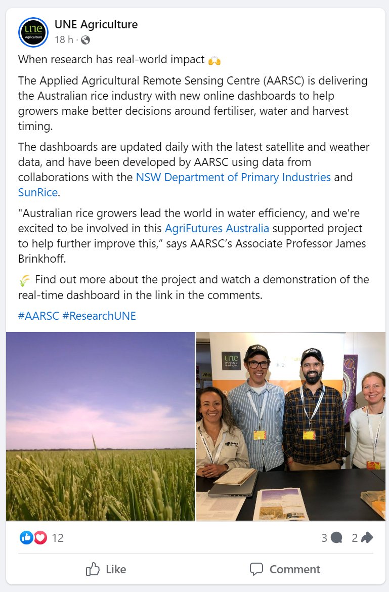 Our @AgriFuturesAU Real-Time-Rice project featured on @UniNewEngland Agriculture Facebook page: facebook.com/uneagriculture/ Delivering decision-making tools for Aus rice growers