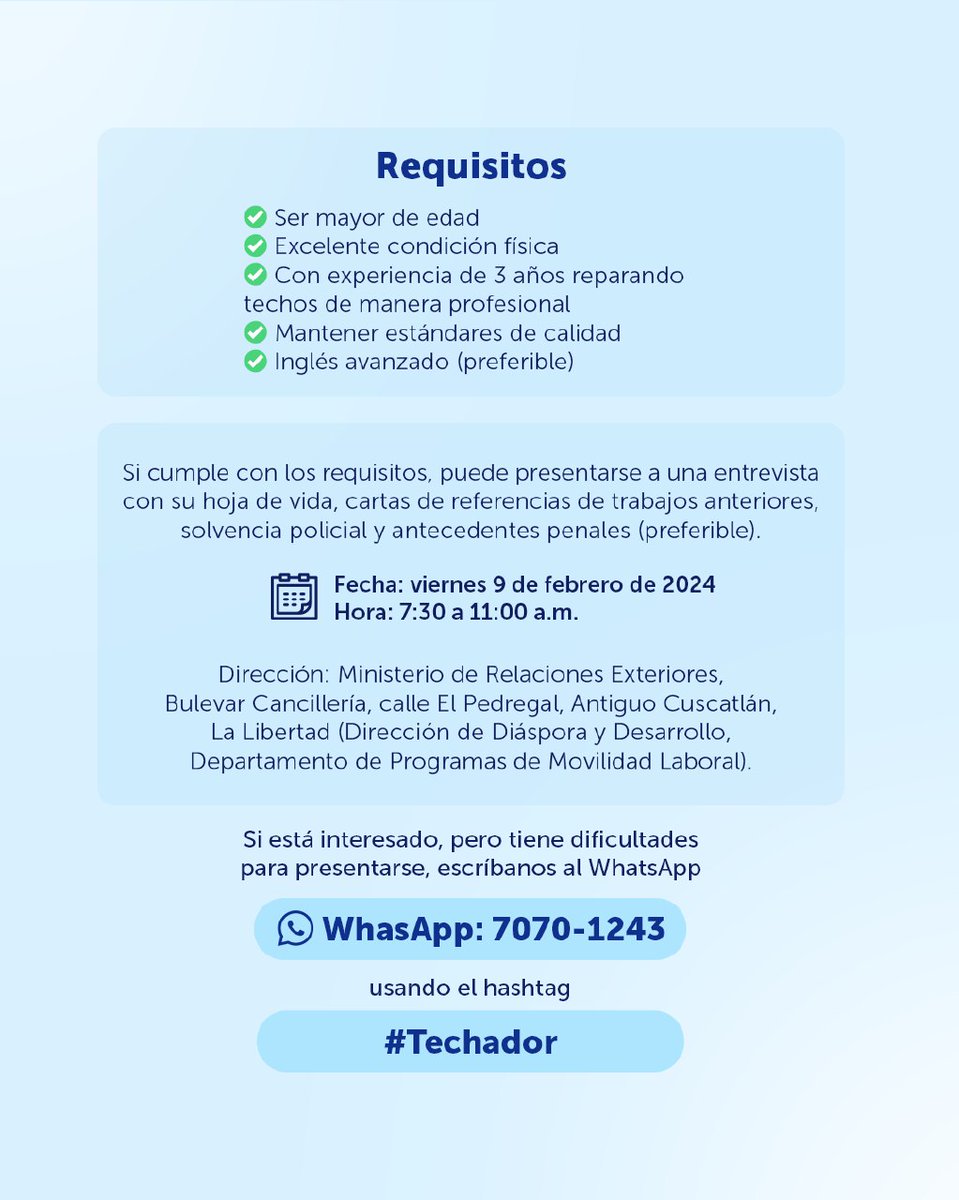 cancilleriasv's tweet photo. El Programa de #MovilidadLaboralSV continúa generando oportunidades para los salvadoreños. 😎

Si tienes experiencia como techador y cumples con todos los requisitos, puedes aplicar de manera presencial o escribiendo al WhatsApp 7070-1243, usando el hashtag #Techador. https://t.co/gG2Jd7Au6V
