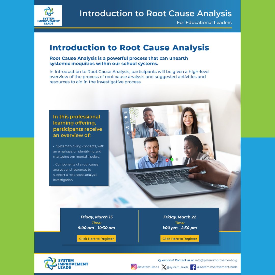 system_leads's tweet photo. Calling all problem solvers! 🧠 Unlock the secrets of Root Cause Analysis in a 90-minute virtual introductory training session. Sharpen your skills and make a difference for your students. Secure your spot now! https://t.co/19H4iLL283 https://t.co/X3d7Q8YtTf