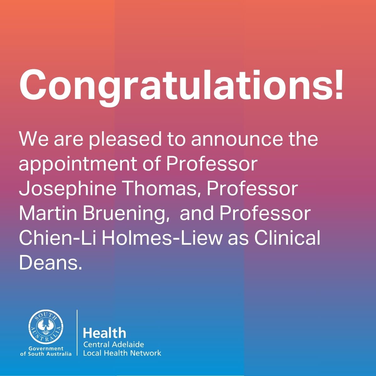 Congratulations to Prof. Josephine Thomas, Prof. Martin Bruening, and Prof. Chien-Li Holmes-Liew on their appointment as Clinical Deans. They bring a wealth of experience and will play a crucial role in shaping medical education. #Leadership #MedicalEducation