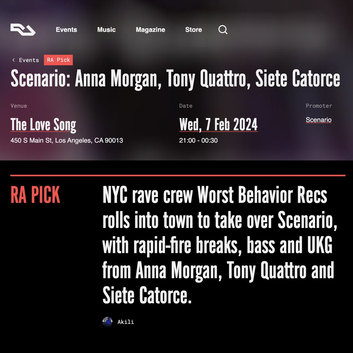 RA pick tonight! “NYC rave crew Worst Behavior Recs rolls into town to take over Scenario, with rapid-fire breaks, bass and UKG from Anna Morgan, Tony Quattro and Siete Catorce.” <a href="/annamorgandj/">Anna Morgan</a> <a href="/TonyQuattroIV/">Tony Quattro</a> <a href="/sietecatorce/">W. Vargas</a> <a href="/worstbehaviorny/">Worst Behavior Recs</a> <a href="/residentadvisor/">Resident Advisor</a> ra.co/events/1858853