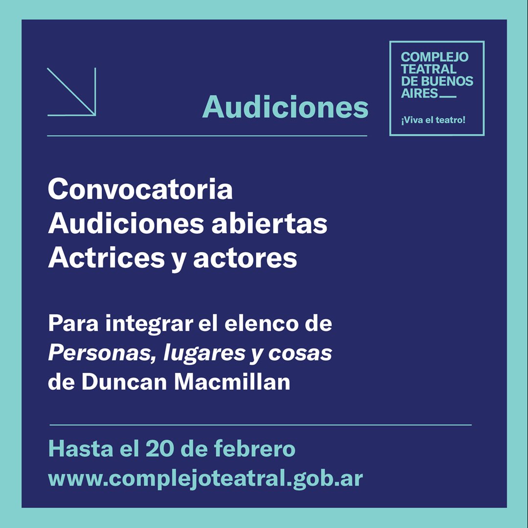 Hasta el 20/2 estará abierta la inscripción a la convocatoria para audiciones abiertas
Actrices y actores que integrarán el elenco de “Personas, lugares y cosas” de Duncan Macmillan que se estrenará en el Teatro Sarmiento
Detalle de la convocatoria
complejoteatral.gob.ar