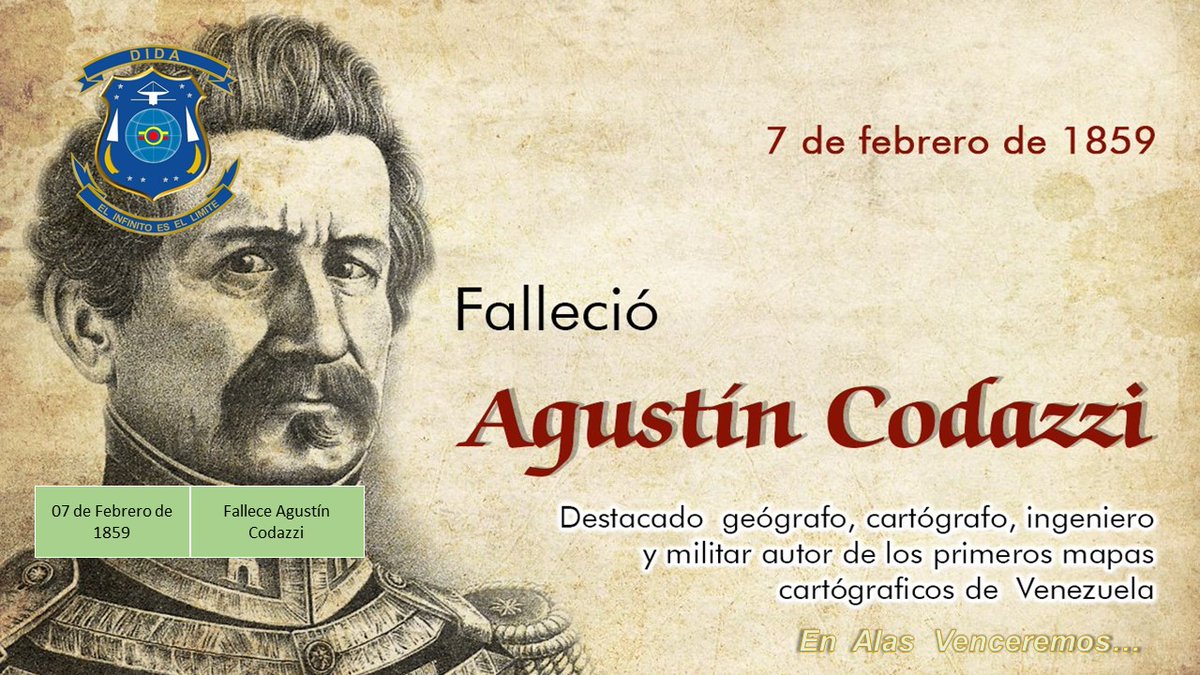 #Efemerides || Agustín Codazzi, de nombre completo Giovanni Battista Agostino Codazzi Bartolotti (en español: Juan Bautista Agustín Codazzi Bertoloti) muere en Espíritu Santo, Confederación Granadina, actual Colombia, 7 de febrero de 1859.