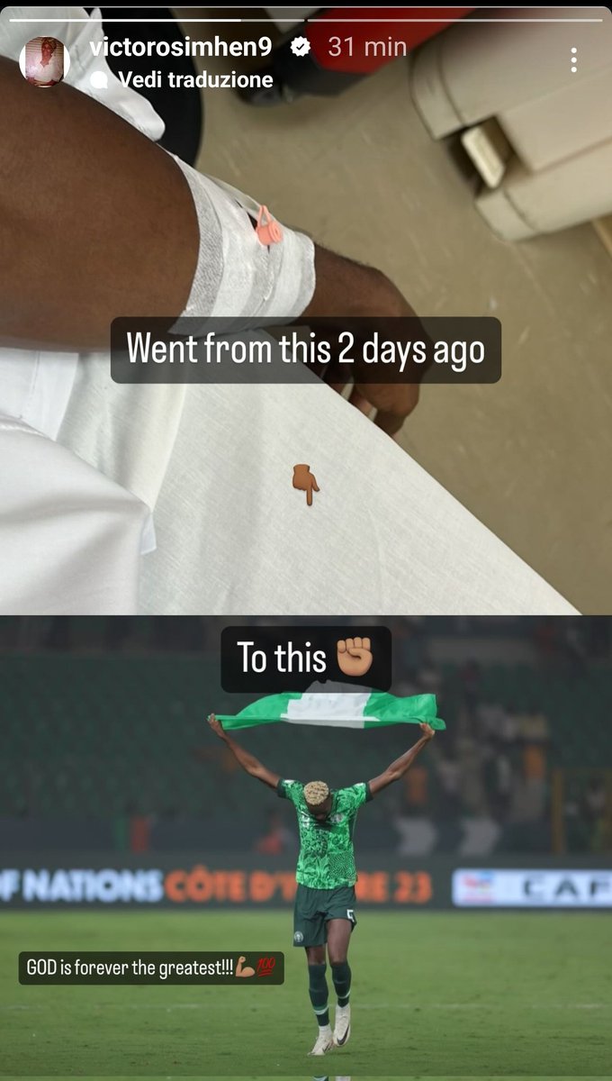🇳🇬 Eroe #Osimhen!

🏨 Da quanto si apprende dalle sue storie #Instagram, l'attaccante è stato ricoverato per il problema addominale 2 giorni fa. Oggi ha trasportato la squadra alla finale di domenica!

#SscNapoli #Osimhen #SuperEagles #CoppadAfrica