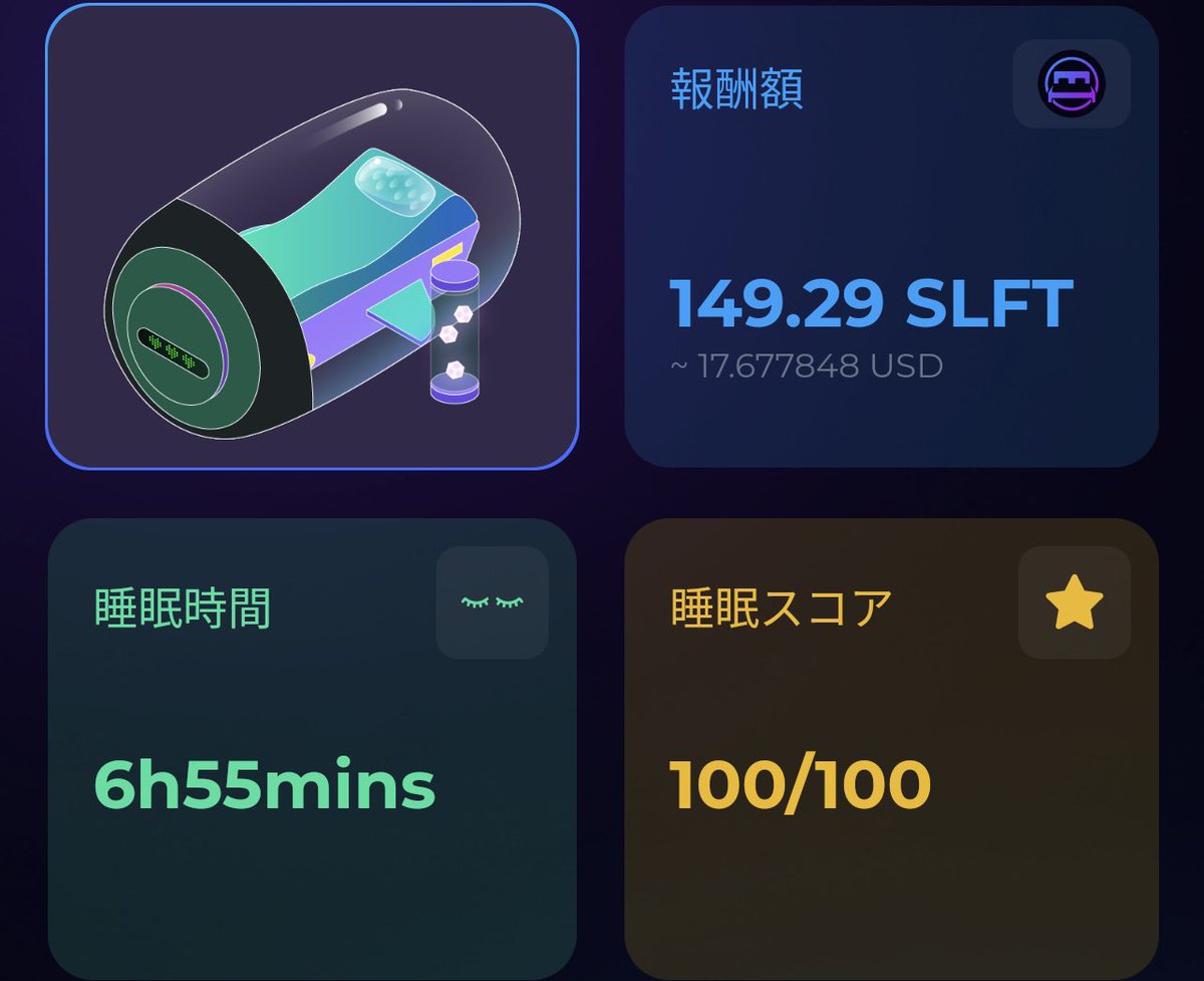 🌈#SleeFi Open β7️⃣2️⃣日目
睡眠スコア:100
ベッド台数:7
獲得SLFT量:149.29 SLFT
本日の稼ぎ:2,577円

✨ジェネシスベッドホルダーへの💎エアドロのスナップショットは明日、2/9(金)10:00です

🗣️詳しくはSleeFi公式Discordへ
<discord.gg/wsXB5WZGCT>

✨ベッド🛏️、ジュエル💎、SLFT、#アマギフ or