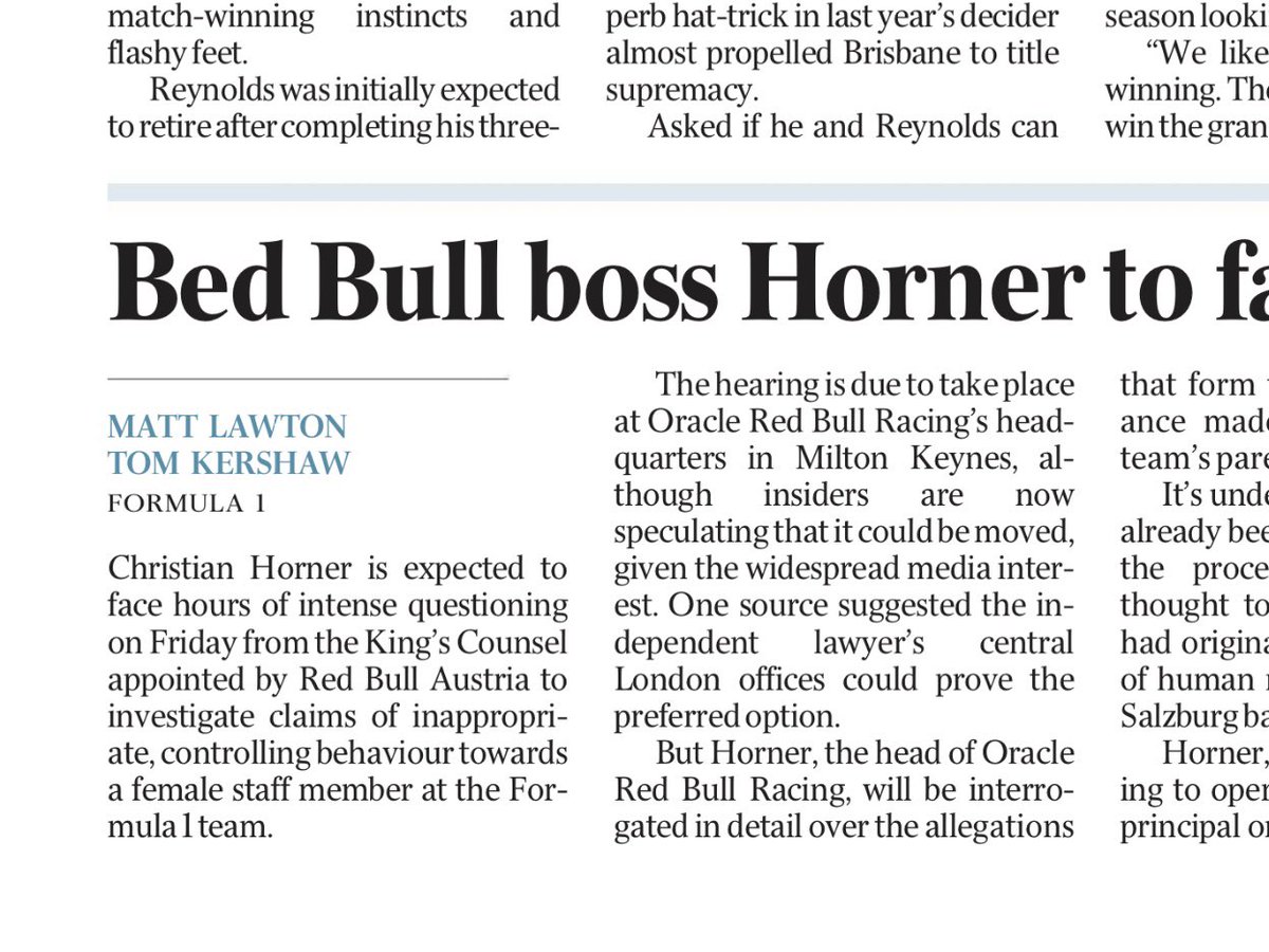Ooh-er! Is that his nickname? No wonder #ChristianHorner is facing a #RedBullRacing probe. Headline in an Australian national broadsheet newspaper today. #F1 #RedBull #ausmedia #bringbackthesubs #Horner