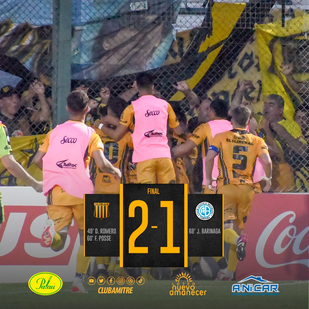 CLUBAMITRE's tweet photo. 🔚 ¡FINAL DEL PARTIDO! 

🗣️¡¡GANÓOOOOOOO MITRE!!

#MITRE 2  - Belgrano 1

⚽ David Romero 
⚽ Franco Posse

#VamosMITRE⚫🟡⚫ 
#CopaArgentina https://t.co/yPfmVeiZeY