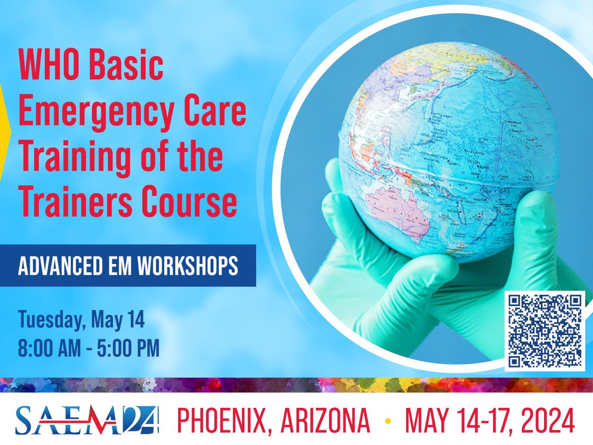 Register for the WHO BEC Training of Trainers Course at SAEM24 today! This advanced EM workshop will take place on Tuesday, May 14th from 8a-5p. Use the QR code in the flyer or register at this link: saem.org/annual-meeting… <a href="/SAEMonline/">SAEM</a> <a href="/SAEM_RAMS/">SAEM RAMS</a> <a href="/GEM_fellowships/">GEM Fellowships</a>