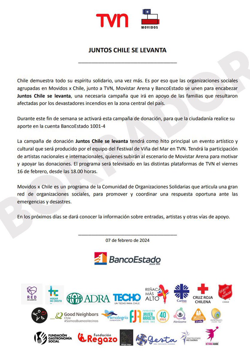 Muy bien @TVN organizará el evento. Juntos Chile se Levanta por las miles de familias damnificadas