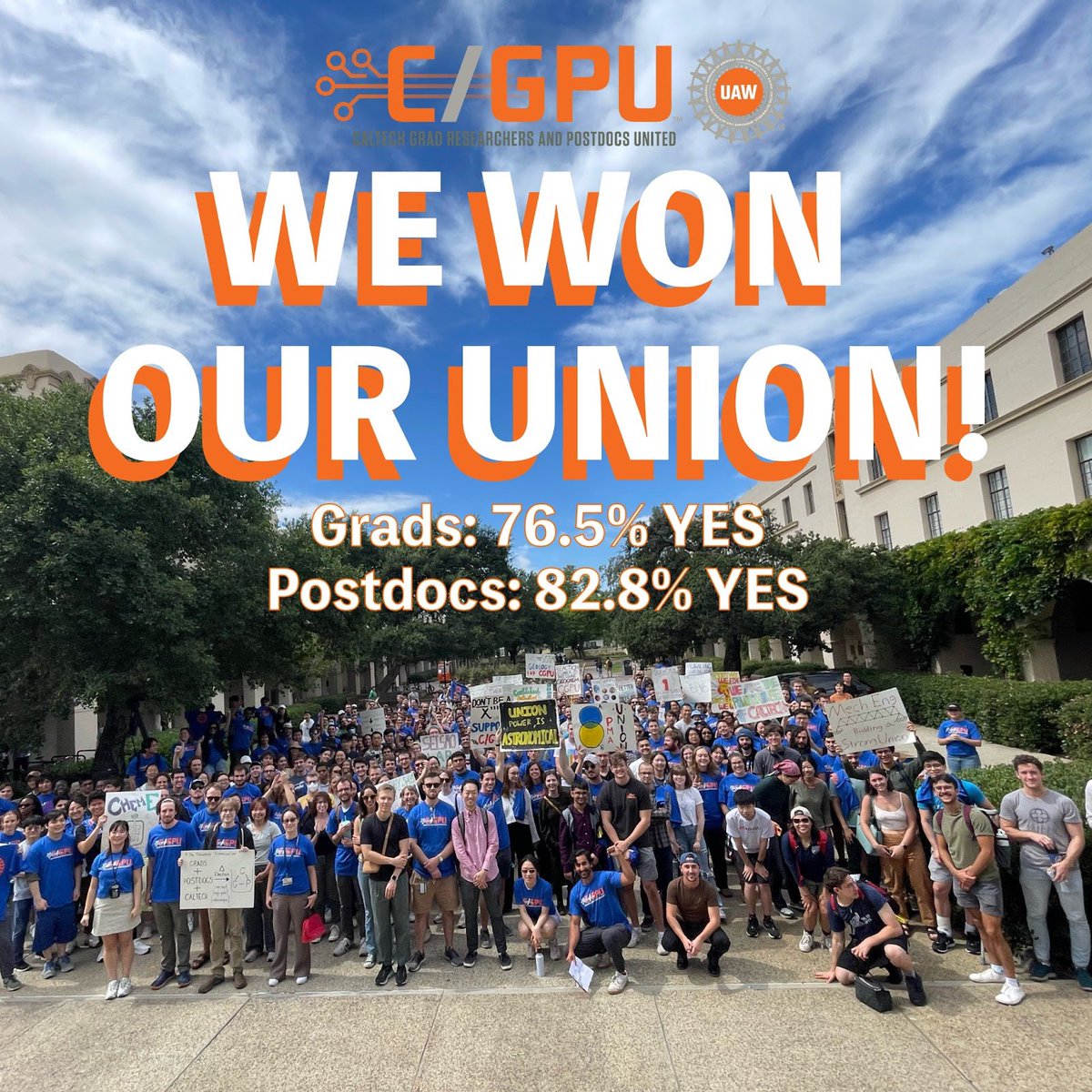 I am absolutely thrilled to announce that the graduate students and postdocs of Caltech have voted yes to unionize and join our fellow unionized academics across the country. Thanks to the tireless work of @cgpu_uaw - we did it!