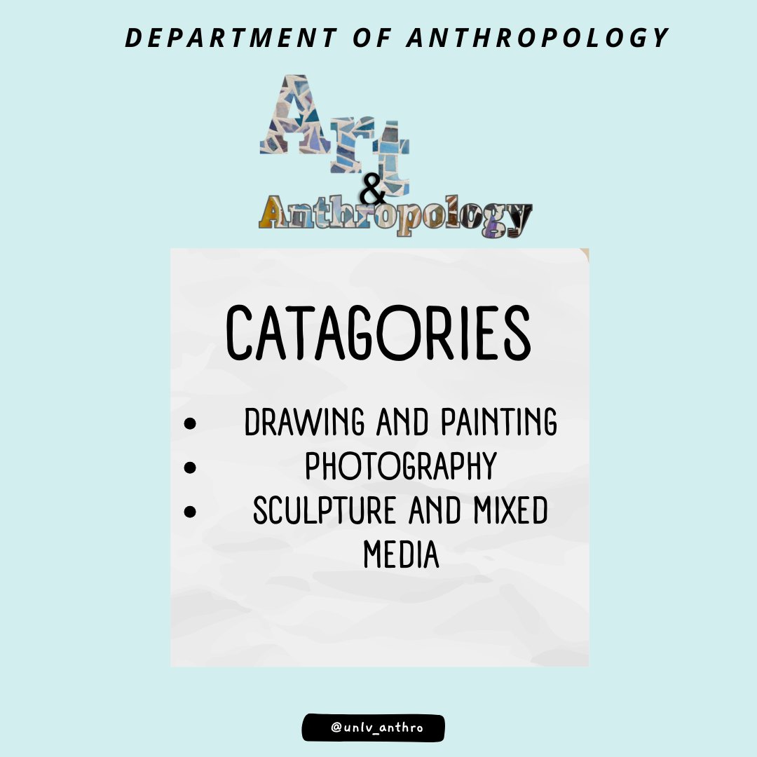 UNLVanthro's tweet photo. Dive into a world of artistic possibilities! 🎨✨ Explore the categories for our upcoming art exhibit and unleash your creativity. Just a reminder, the last day for online submissions is February 20th.
#unlv #unlvanthro #anthropology #artexbihit https://t.co/92p0dTqDSO