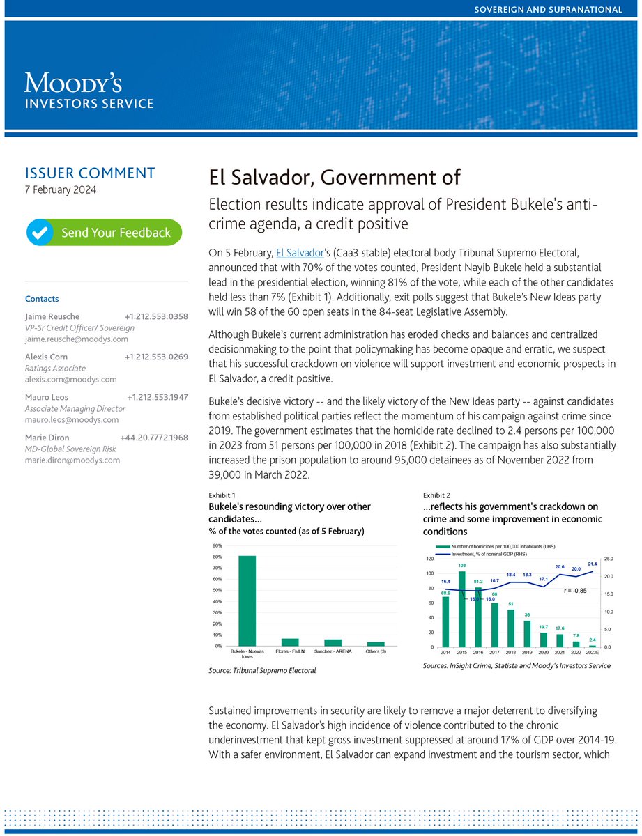 nayibbukele's tweet photo. Moody’s: 

“Election results in El Salvador indicate approval of President Bukele's anti- crime agenda, a credit positive” https://t.co/7jUxIZ9jjr