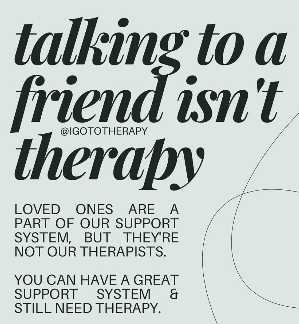 rheedawalkerphd's tweet photo. I encourage you to build a support system. It will help you get through bad days. But if those bad days become more frequent, itβs time to admit that your friends have done as much as they can do.
Repost from @igototherapy
#therapy #therapists #therapistsofinstagram #friends https://t.co/r7Sc516SUh