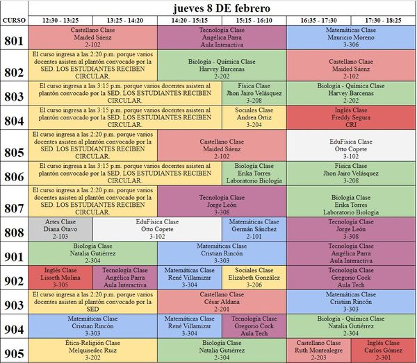 Rufinodigital's tweet photo. Horario jueves 8 de febrero de 2024.
Los estudiantes del curso 1001 no asisten al colegio, por lo tanto, deben realizar sus actividades académicas en casa.
Por otro lado, otros cursos ingresan en horarios diferentes por la movilización de algunos docentes apoyando a FECODE. https://t.co/PQ6GTbzcRU