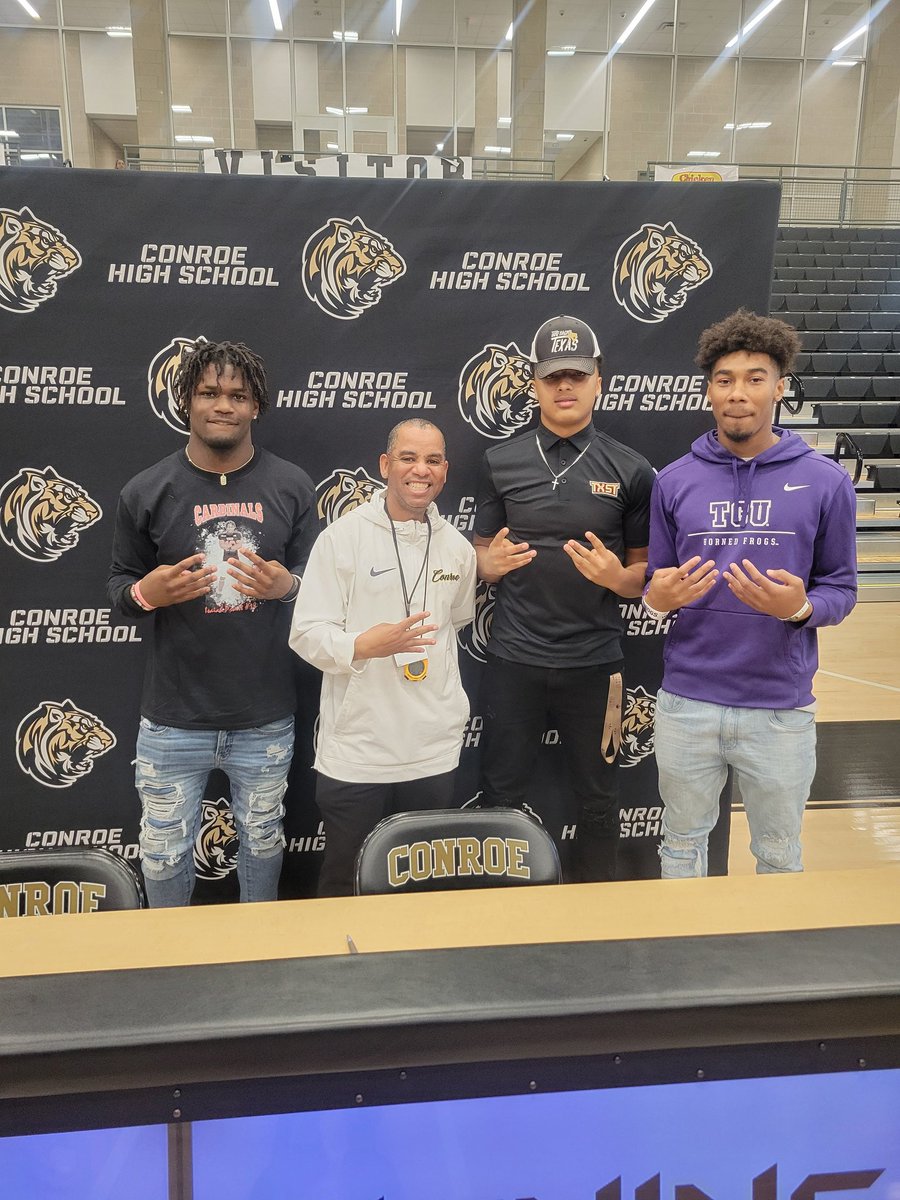 Congratulations to Conroe Boys Track team members DeVondre McGee-TCU, Tice Williams - Texas State, Isaiah Pruitt - Incarnate Word, Braylon Reece - Southwestern Oklahoma on signing for their football scholarships today👏 Now let's go turn up in track Sic'm Tigers!! @CoachHurd32