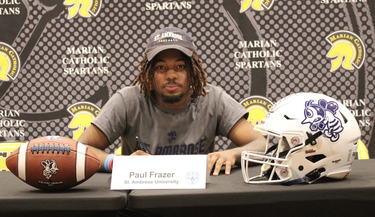 LopezMchs's tweet photo. Congratulations to Paul Frazer on his commitment to St. Ambrose University. Your development since freshman year has been tremendous, we can’t wait to watch you shine in Davenport. @fightingbeesfb @paul_frazerjr @lopezMCHS @coachflemingMC https://t.co/8tHvUE6BT8