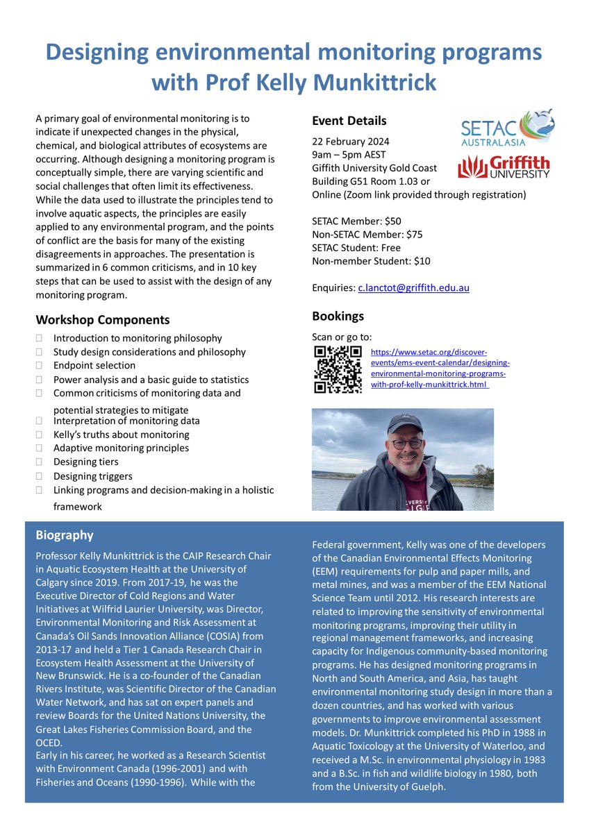 Don't miss out! Join us Feb 22nd for a workshop on Designing Environmental Monitoring Programs featuring Prof. Kelly Munkittrick! 🌍Learn valuable insights and strategies to shape a robust monitoring program. Register now: setac.org/discover-event…