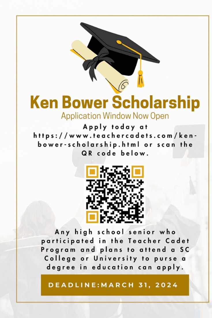 cerrasc's tweet photo. The Ken Bower Scholarship window is open. This scholarship is open to any senior who successfully completed the Teacher Cadet Program, is pursuing a degree in education, and plans to attend a SC college or university.  The application closes  March 31st. https://t.co/tg45FyW30A. https://t.co/uLiBA6doBh