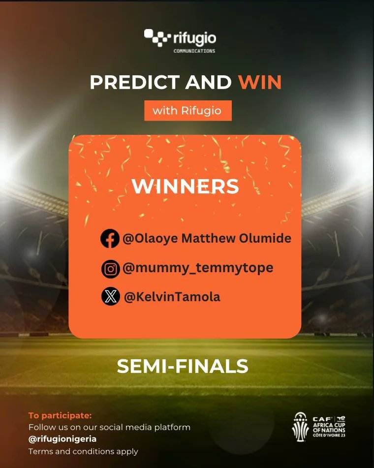 RifugioNigeria's tweet photo. Congratulations to our winners!

Congratulations on getting at least both predictions correctly. 🎉

Kindly check your DM @KelvinTamola for more information on how to redeem your prize. 

#afcon2024 #afcon #afconchallenge #rifugio #Rifugionigeria #afcon2024🇨🇮 https://t.co/8QD1HDEr8i