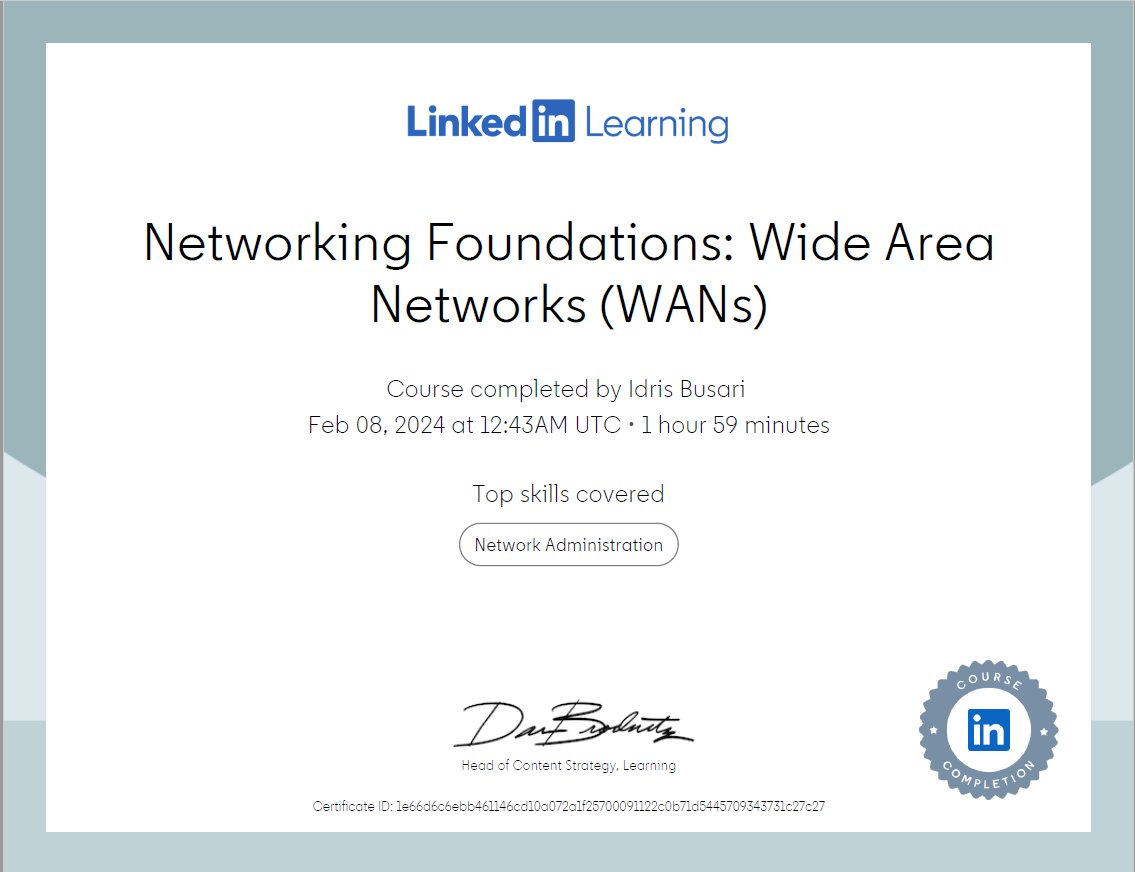Just finished the course “#Networking #Foundations: #WideAreaNetworks (#WANs)” by Greg Sowell! Check it out:linkedin.com/learning/certi… 
#DigitalCredentials #DigitalBadges #DigitalCertificates #SkillsRecognition #LifelongLearning #Education #CareerAdvancement #FutureOfWork