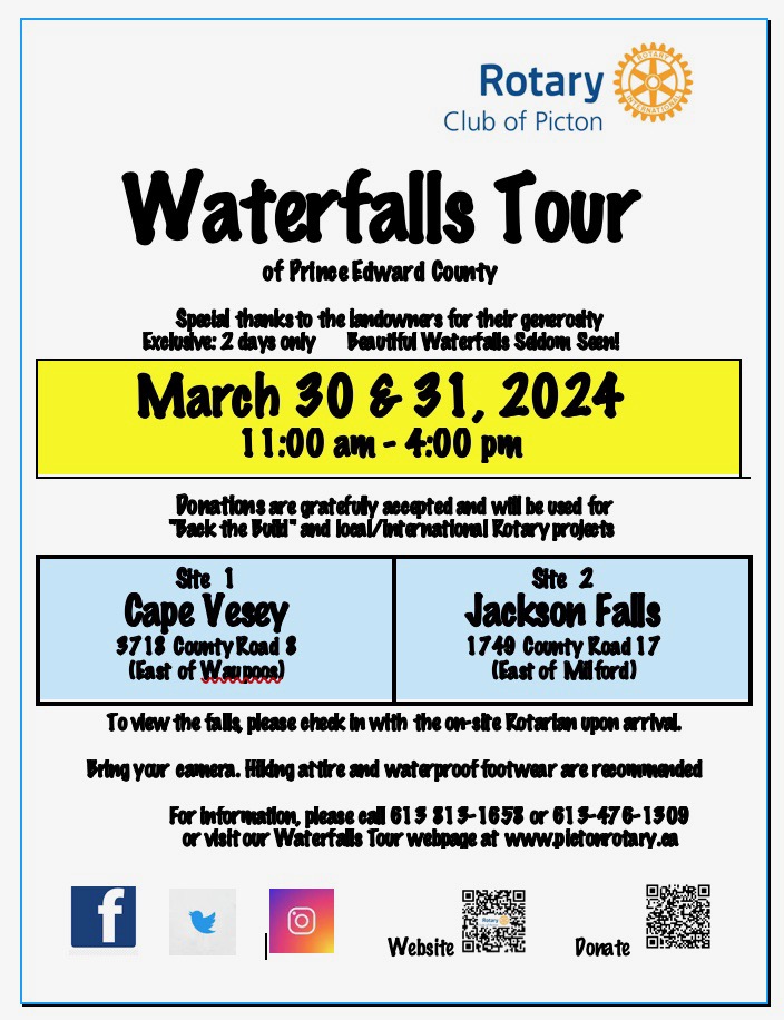 PictonRotary's tweet photo. Here's what you've been waiting for folks...the announcement of the 2024 Waterfalls Tour hosted by the Rotary Club of Picton in beautiful Prince Edward County.  All are welcome on March 30 &amp; 31 from 11am to 4pm.  https://t.co/cK8SyPv3oc
#waterfalls #waterfallstour #pictonrotary https://t.co/UFutXt1ez4