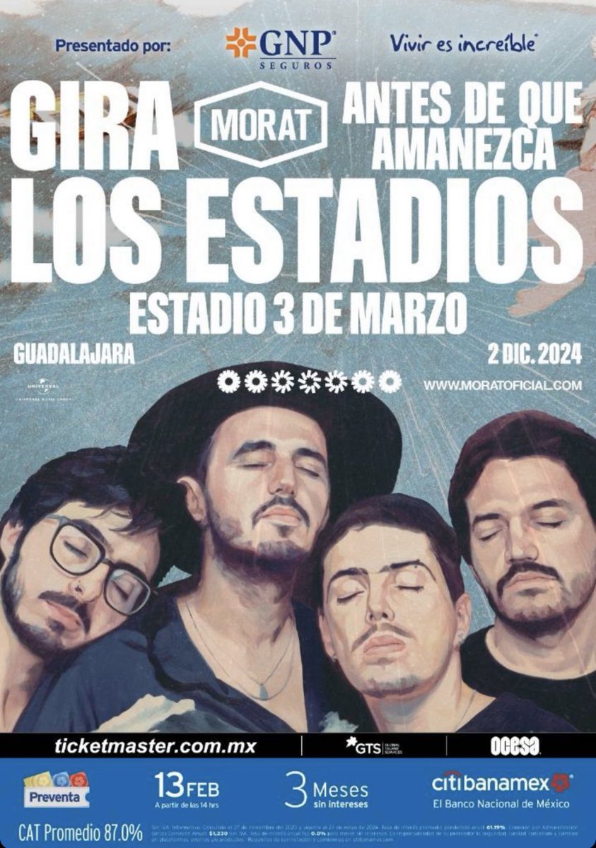 moratnation's tweet photo. MORAT EN GUADALAJARA 🇲🇽

Guadalajara, sin duda son una parte importante para la historia de Morat y no se podían quedar por fuera de esta gira 🌊

🏟️ ESTADIO 3 DE MARZO
📆 02.12.24
🎫 https://t.co/9PnFyaojqU

¡Preventa Citibanamex a partir del 13 de febrero a las 14 hrs! https://t.co/oCZZzZSKzC