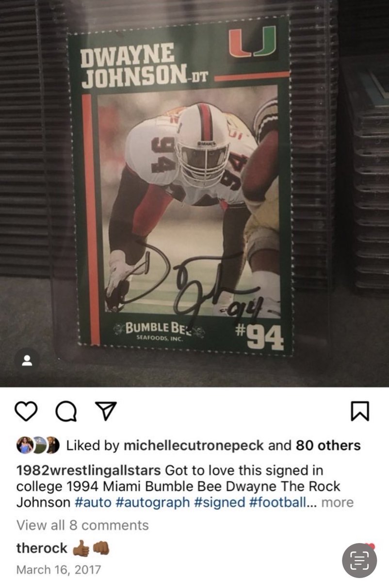 dpeck100's tweet photo. My number one collecting goal is to get this in a PSA/DNA holder. The Rock has commented on it on Instagram and retweeted it with it getting over 1 million views on this platform. He has called out fake autographs of his on here and wouldn’t put it over if it wasn’t his signature. This comes from the full team sheet that was signed in college and after I broke it apart and it failed PSA as questionable authenticity I got it authenticated by JSA. In recent years a few copies have passed as more sheets have shown up and so I believe PSA just didn’t have enough examples to compare it to and was cautious. I am hoping they will accept this additional documentation and rightfully put this in a red flip and make it one of Dwayne Johnson’s best signed cards. I have contacted them and hopefully will get a response. I find this card to be so fascinating and an inspiration as no one can predict the future and no one would have guessed what Dwayne has accomplished was even possible.