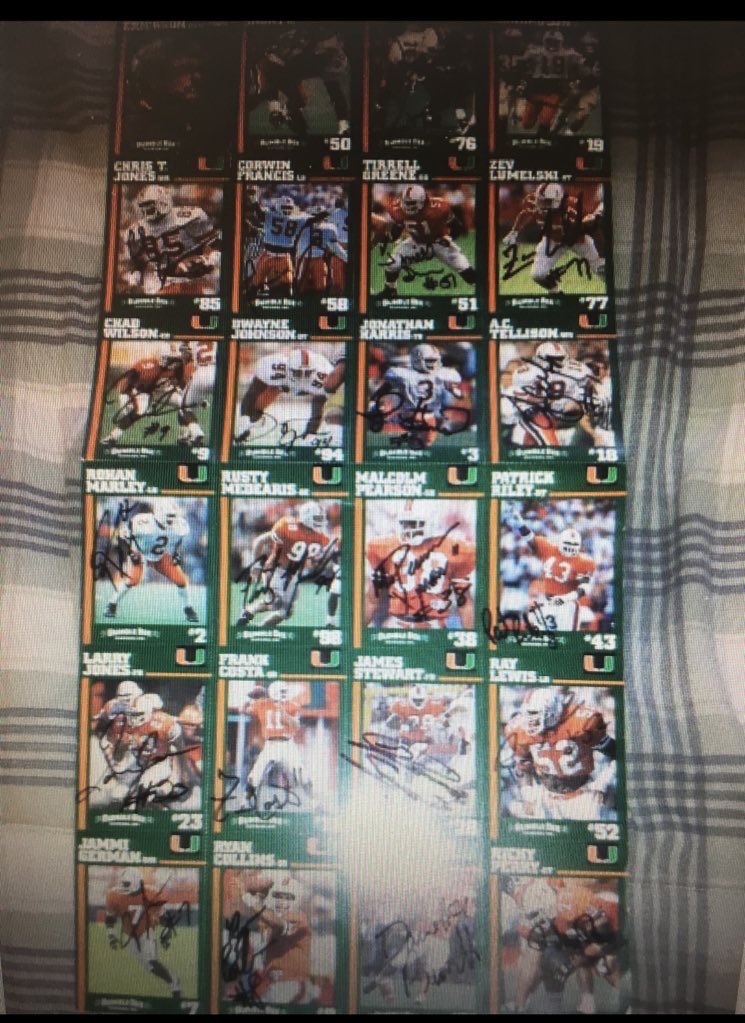 dpeck100's tweet photo. My number one collecting goal is to get this in a PSA/DNA holder. The Rock has commented on it on Instagram and retweeted it with it getting over 1 million views on this platform. He has called out fake autographs of his on here and wouldn’t put it over if it wasn’t his signature. This comes from the full team sheet that was signed in college and after I broke it apart and it failed PSA as questionable authenticity I got it authenticated by JSA. In recent years a few copies have passed as more sheets have shown up and so I believe PSA just didn’t have enough examples to compare it to and was cautious. I am hoping they will accept this additional documentation and rightfully put this in a red flip and make it one of Dwayne Johnson’s best signed cards. I have contacted them and hopefully will get a response. I find this card to be so fascinating and an inspiration as no one can predict the future and no one would have guessed what Dwayne has accomplished was even possible.