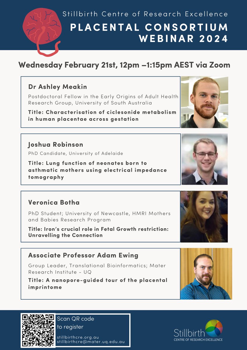 Want to learn more about research being done on placentas? Join us on Wednesday, 21 February for our first Placental Consortium Webinar of 2024! Click the link below to register👇eventbrite.com.au/e/808724505767…